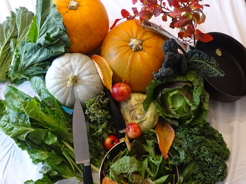 pumpkins, kale, herbs, kholrabi, spinach, collard greens, january cabbage, apples, mixed lettuces