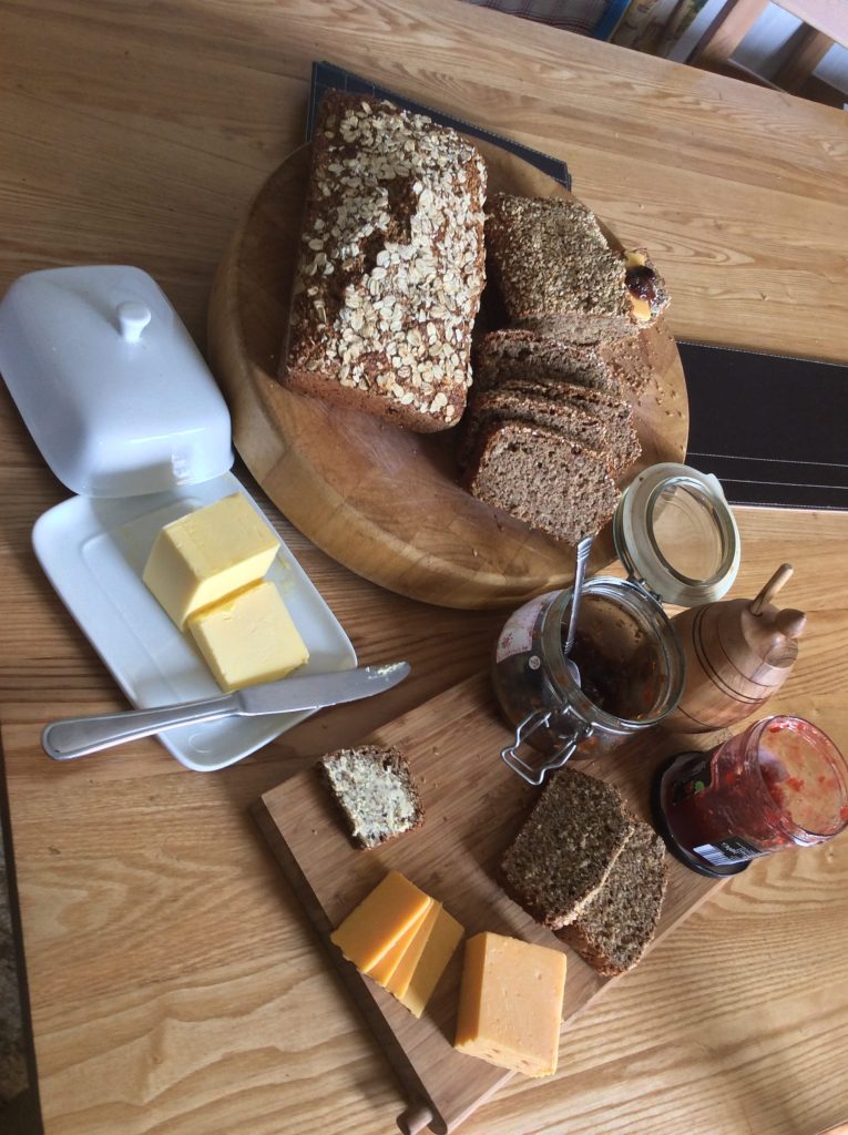Soda bread, butter, jam, cheese, chutney
