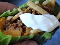 chilli, beef wrap, cabbage leaf, goat yogurt, pickle