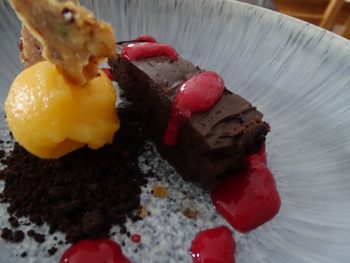 Chocolate Marquise, Clemintine Sorbet, Peant Rayu Brittle, Chocolate Soil & raspberry.