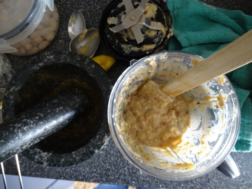 Blending the cannellini bean humous, blender, pestle and mortar