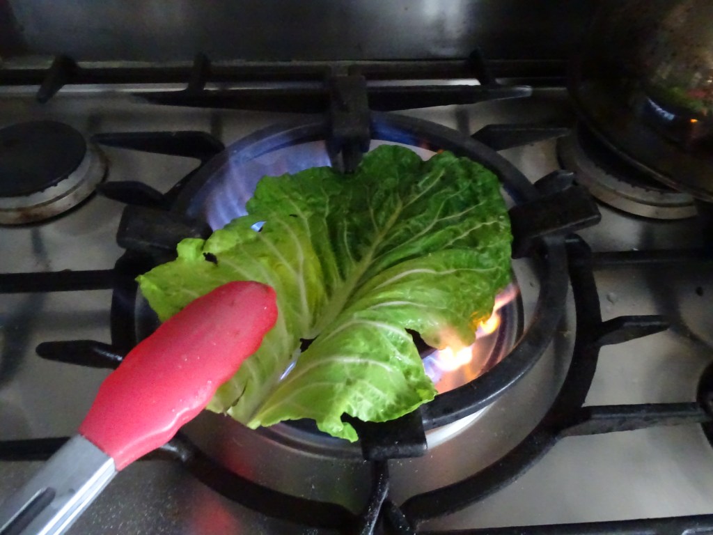 Wilting the collard green for wrap