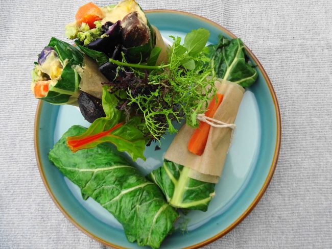 Roasted winter roots, cannellini bean hummus & collard green wrap with celeriac & harissa hummus