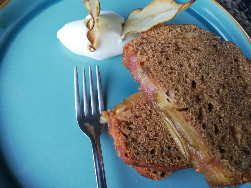 Caramelized pear, banana & sourdough starter bread, plate, fork, sour cream
