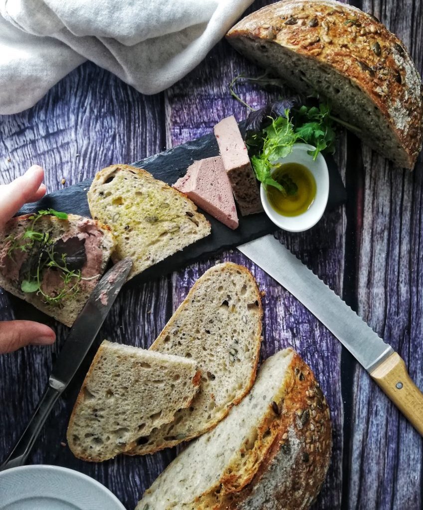 Seeded, white flour and rye sourdough, knife, pate