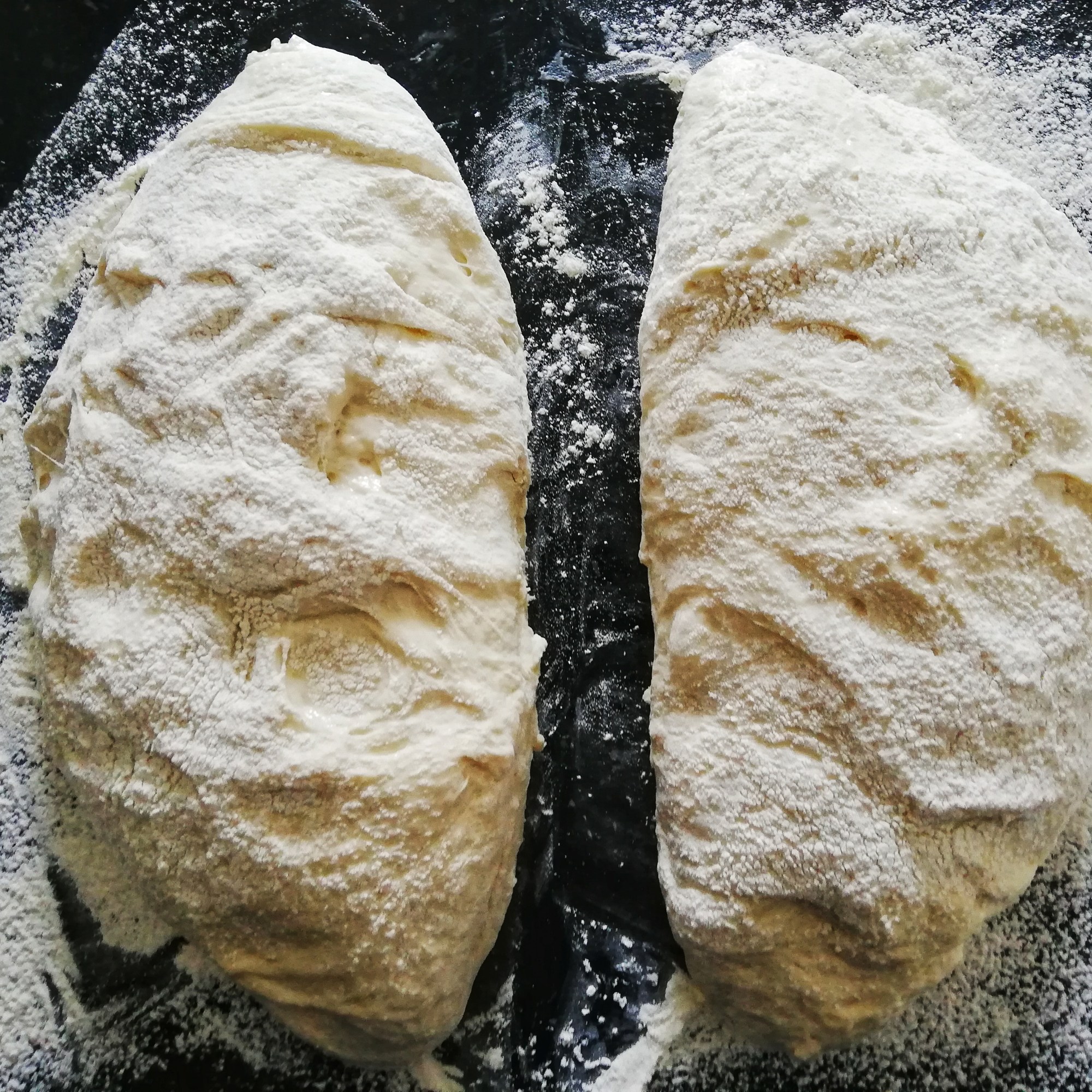 Ciabatta dough split in two
