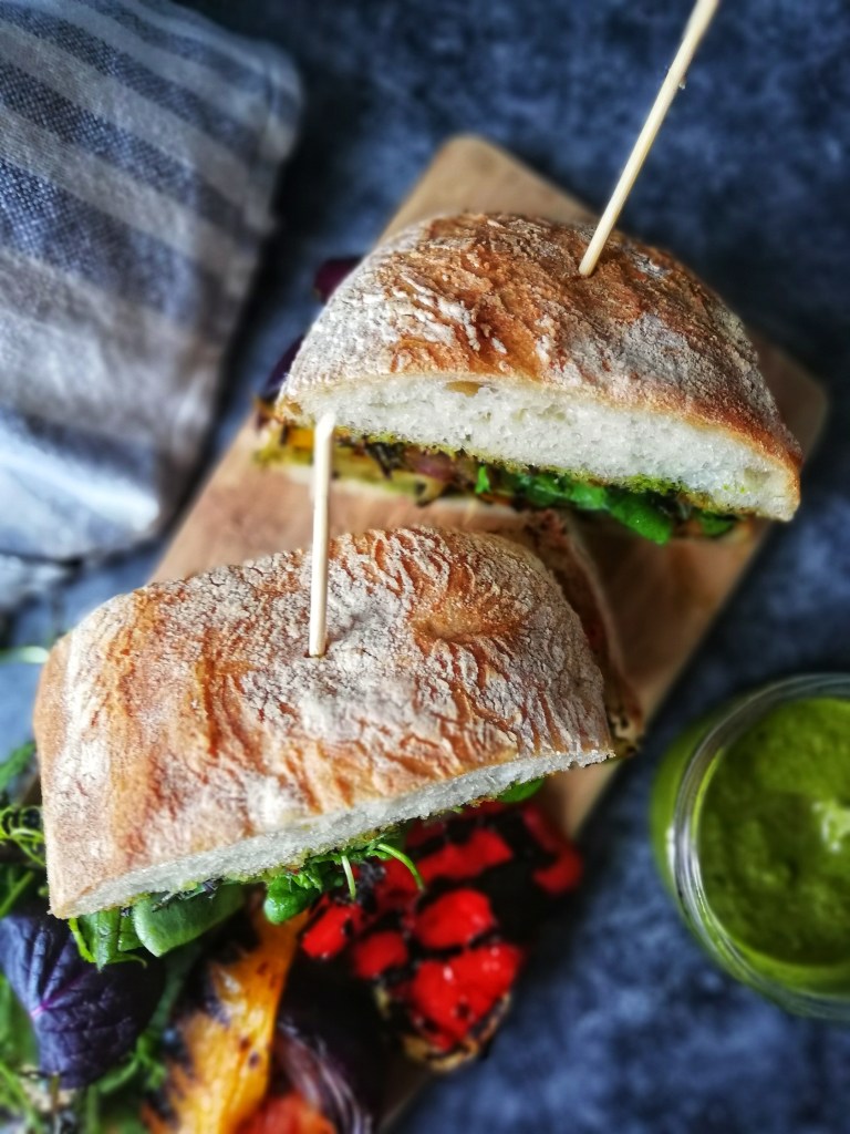 Food photography,Grilled vegetable ciabatta, citrusy purslane dressing