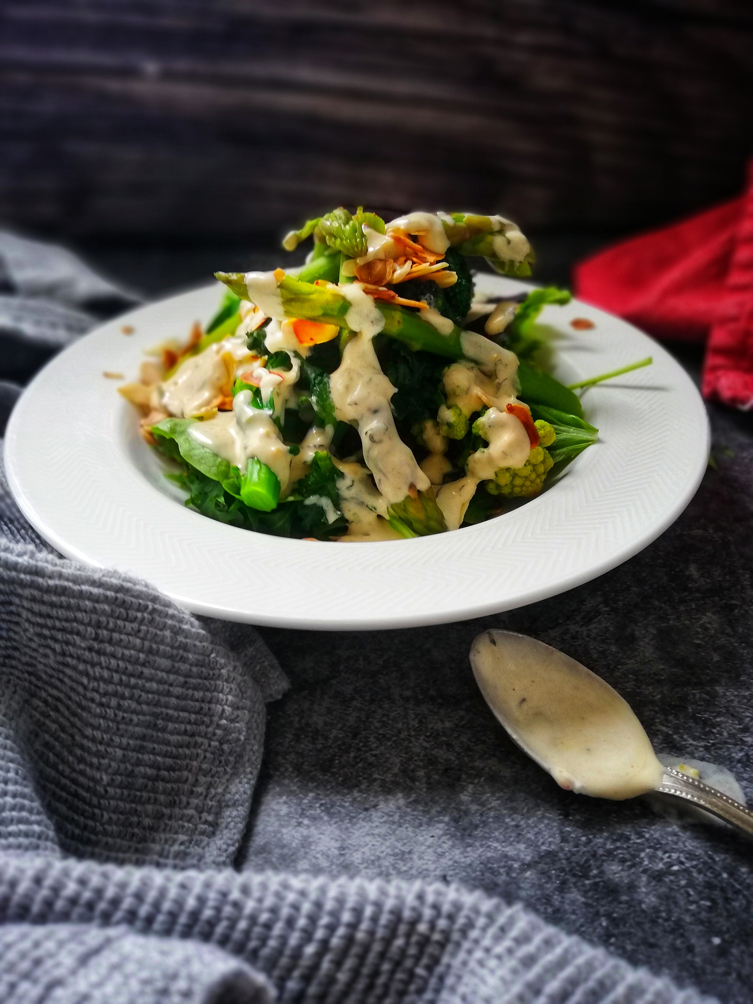 Food photography,Spring salad, leaves, asparagus, white sprouting broccoli