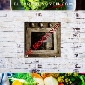 Logo, sketch of oven, food photography vegetable banner bottom, salad top banner, background white brick wall,