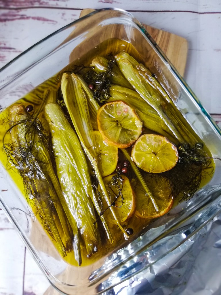 Food photography, Cooked confit of fennel, Pyrex dish