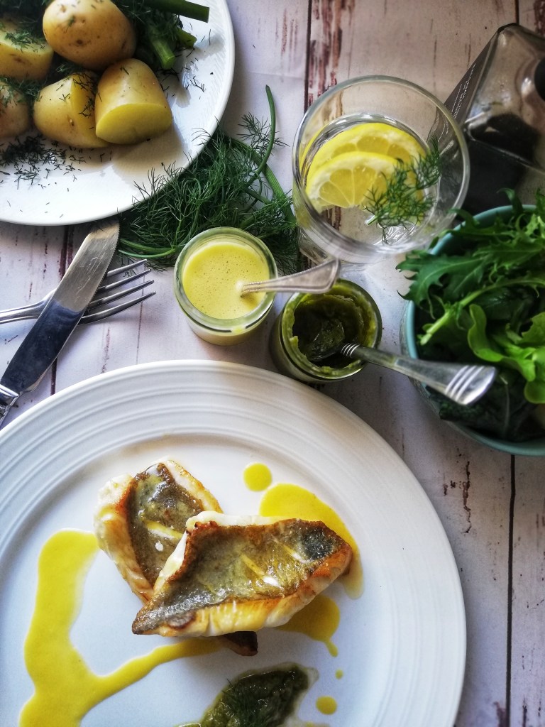 Food photography, Pan-fried john dory, Miso hollandaise sauce, fennel confit puree, salad,. Baby potato