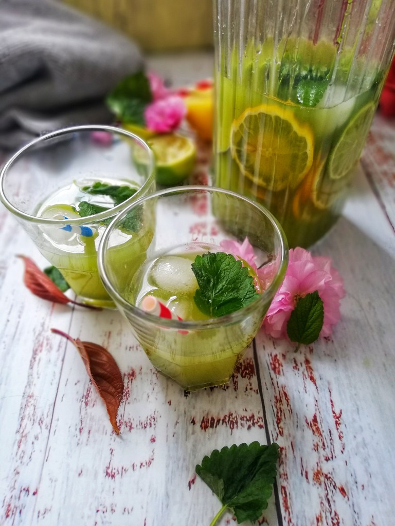 Food photography,Lemon balm & lime lemonade, jug, glasses