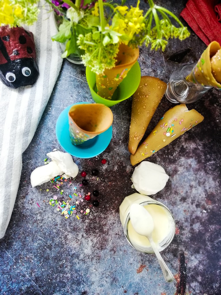 Food photography, sugar cones shells, creme anglaise sauce.