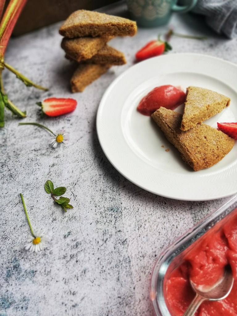 Spelt and rye shortbread,Strawberry and rhubarb sorbet