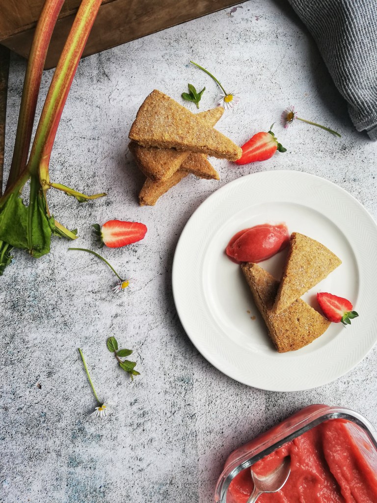 Plated spelt and rye shortbread, strawberry and rhubarb sorbet