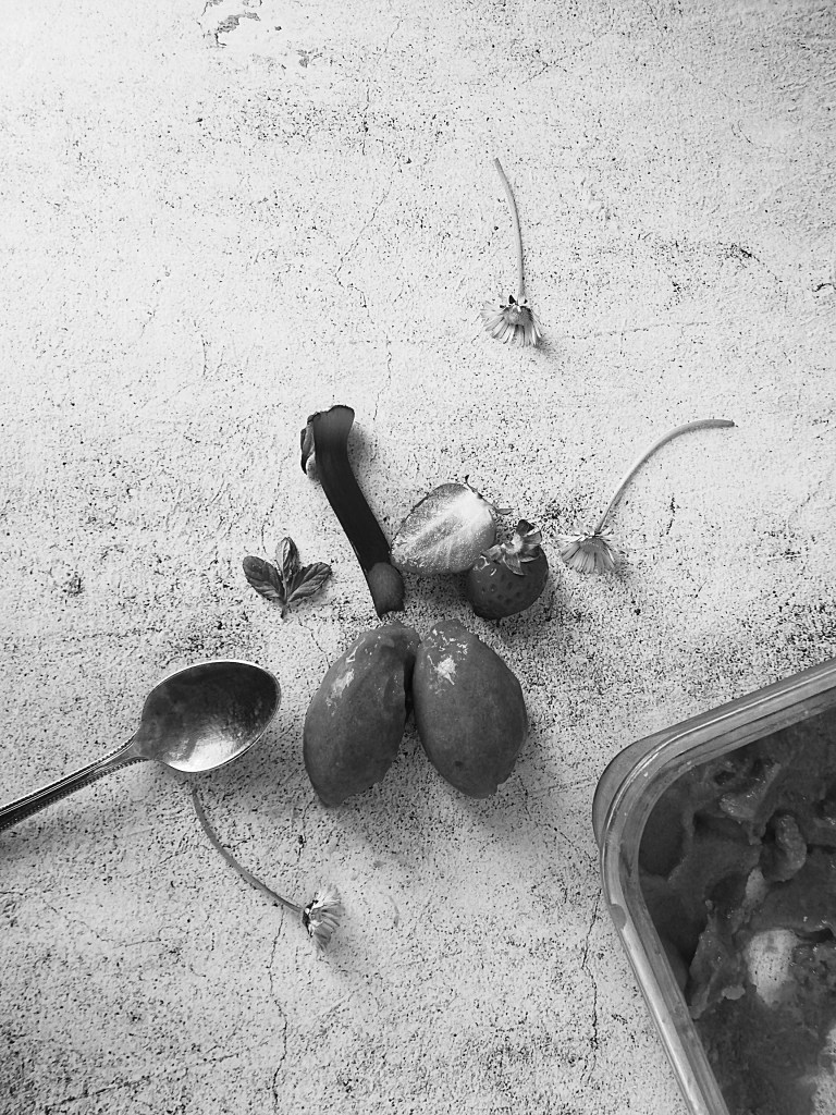 Black and white off strawberry and rhubarb sorbet.