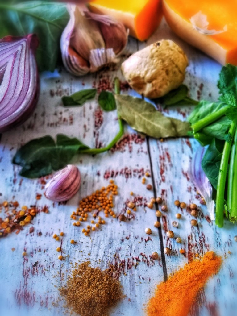 Food photography, Ingredients,Spices, squash, ginger, garlic, greens
