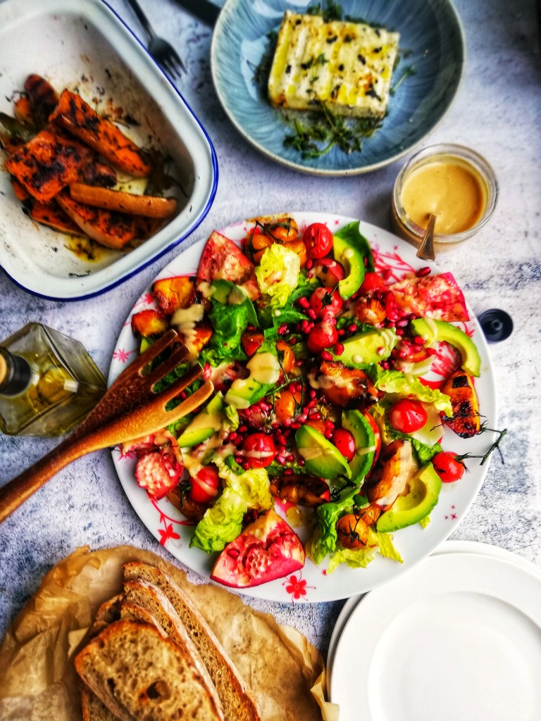 Food photography,Summer salad platter,griddled squash, thyme & honey feta, Miso dressing.