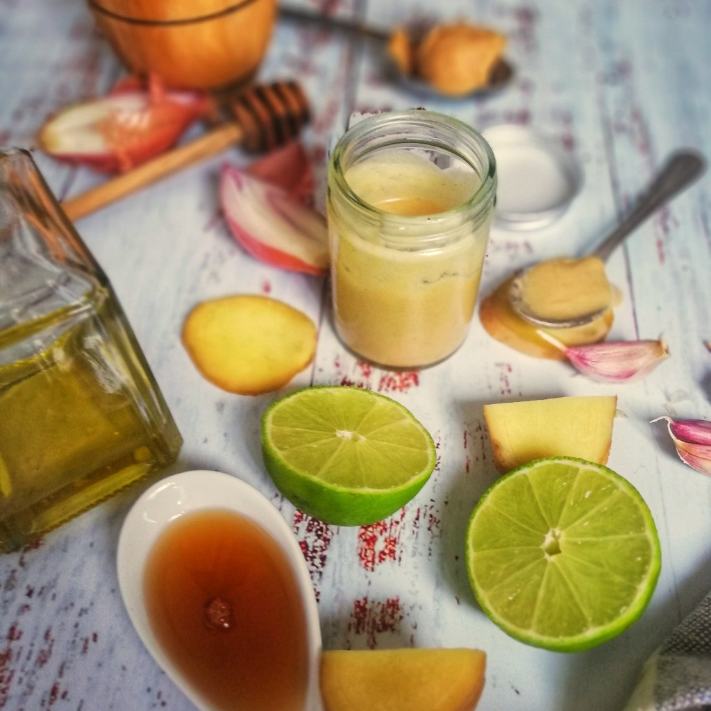 Ingredients for Miso dressing, lime, garlic, ginger, shallot sesame &olive oi