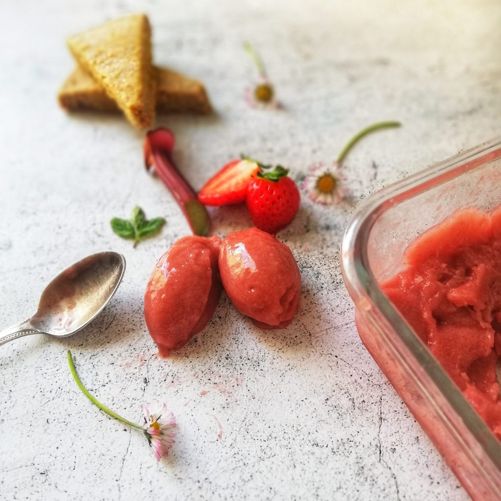 Food photography, rocher of, Strawberry and rhubarb sorbet, shortbread triangles