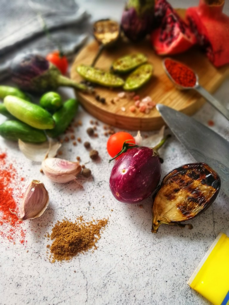 Food photography, Aubergine, spices, seasoning, garlic, for chilli