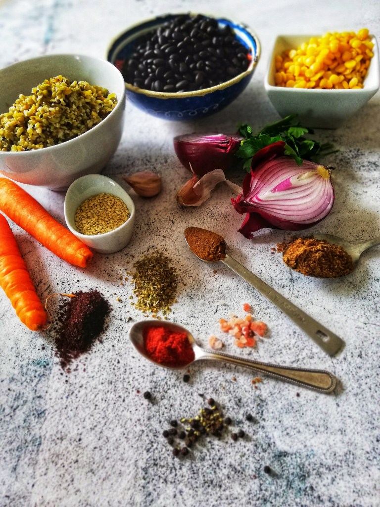 Food photography,Ingredients for black bean & freekeh burger