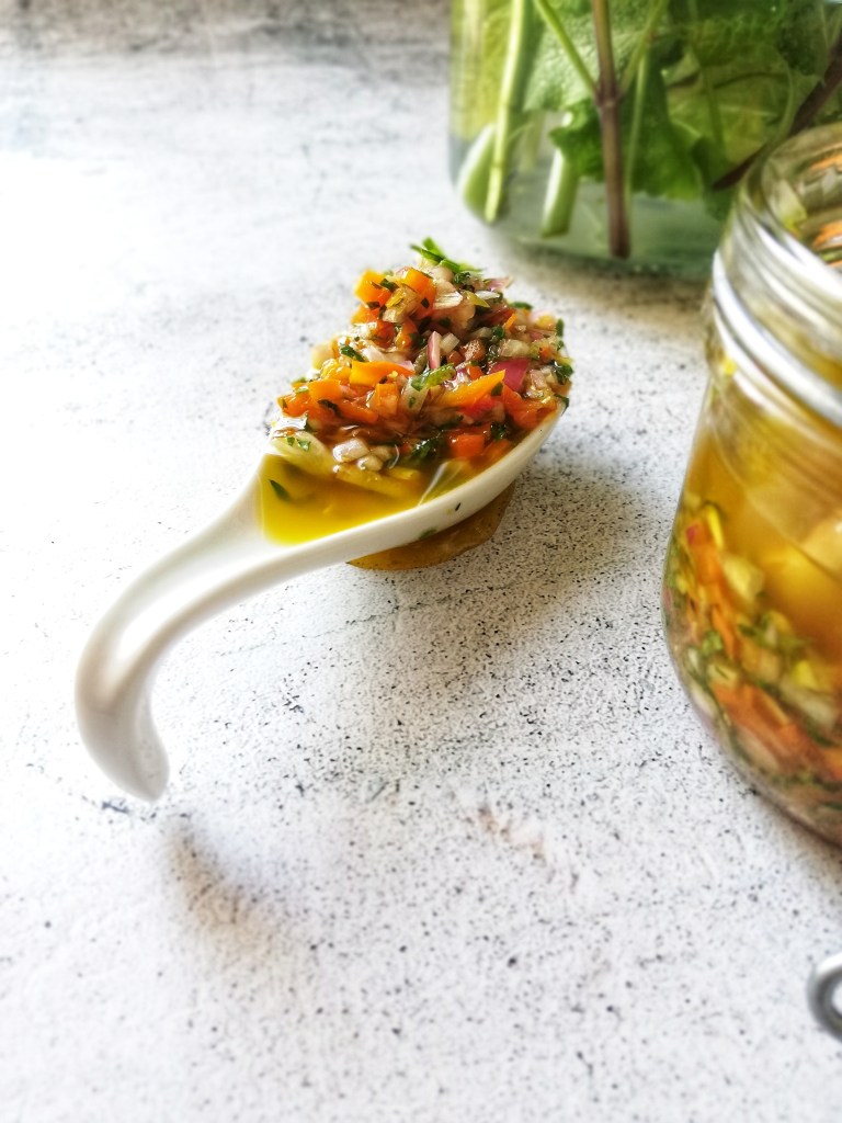Herb, shallot, sweet pepper & harissa dressing