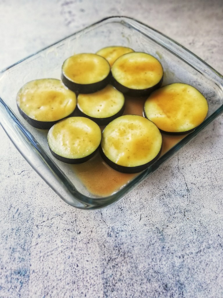 Food photography, Marinated Miso aubergines, pyrex dish