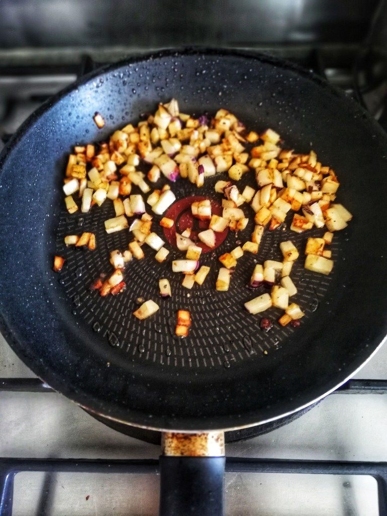 Image, Sauteing aubergine in frying pan