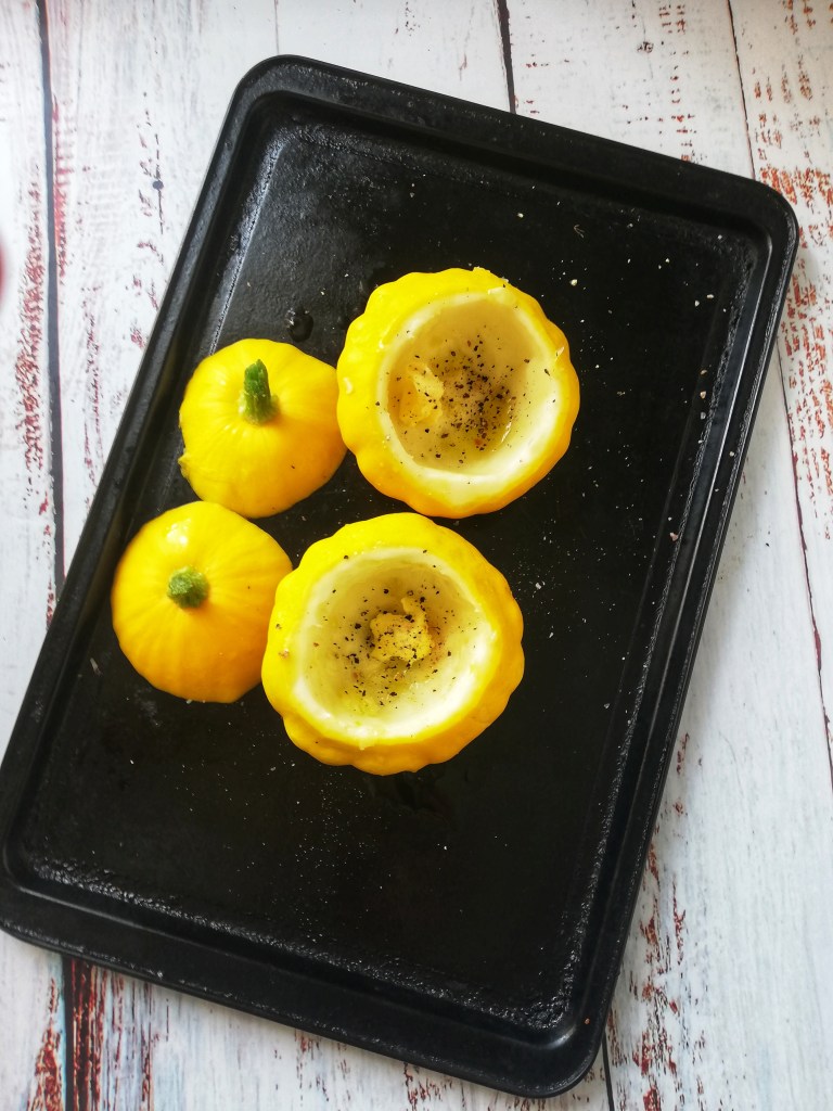 Image, Patty pan squash on baking tray, ready for stuffing