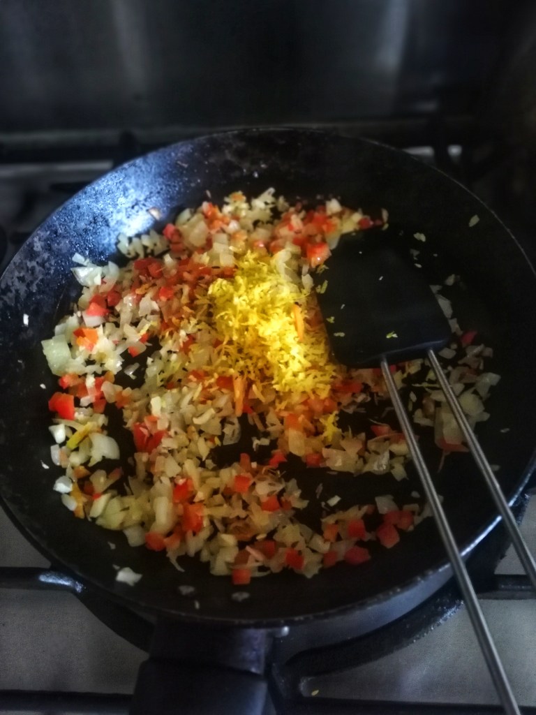 Image, Sauteing the ingredients for lamb meatballs