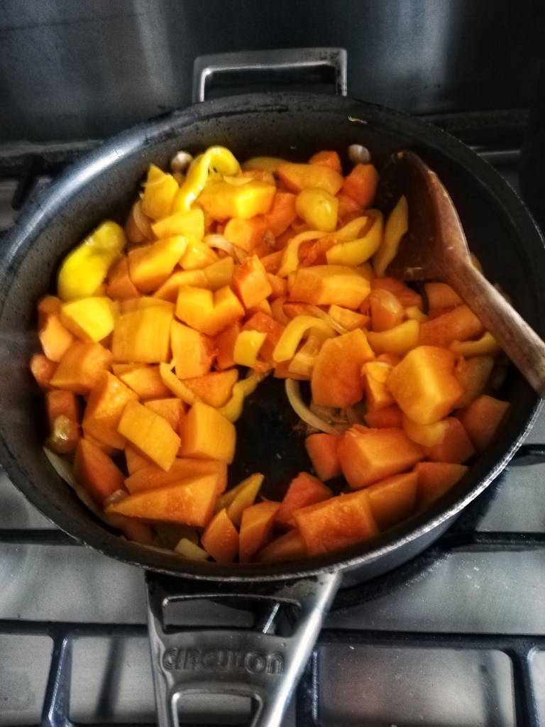 Image, Sauteing the squash, onions peppers and garlic