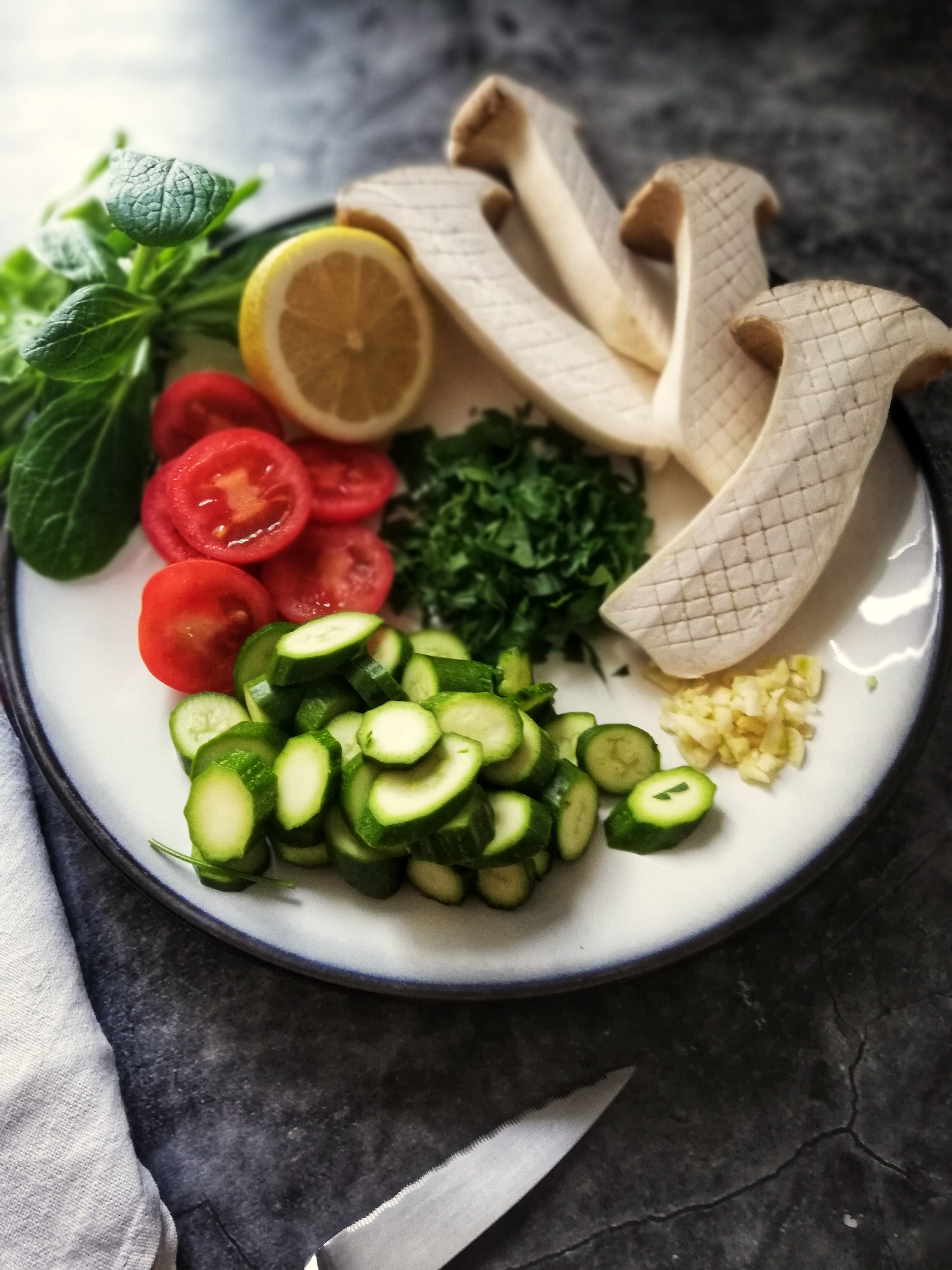 Image, Prepared ingredients for king oyster mushroom recipe