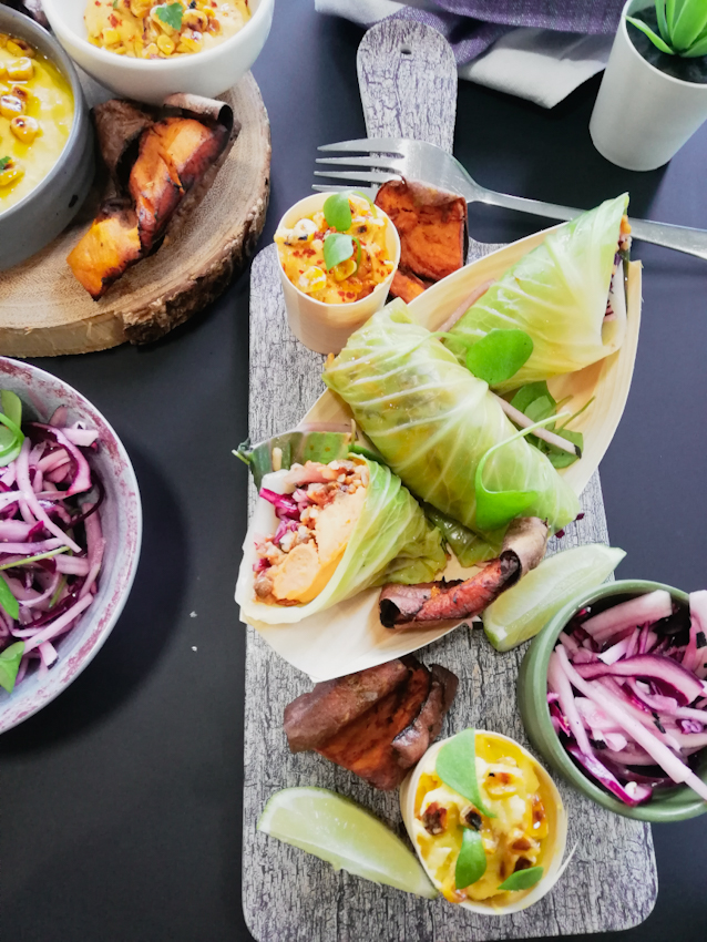 food photography Cabburitto" January King cabbage, spiced quinoa, rice, lentils & pickled red cabbage, black radish and shallots sweetcorn and harissa dressing