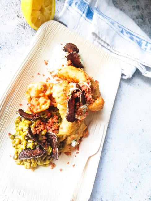 Food photography image, Mung bean and millet fried haddock, Blue Anneliese potato crisps, mung Dahl, chorizo crumb, purslane tartar